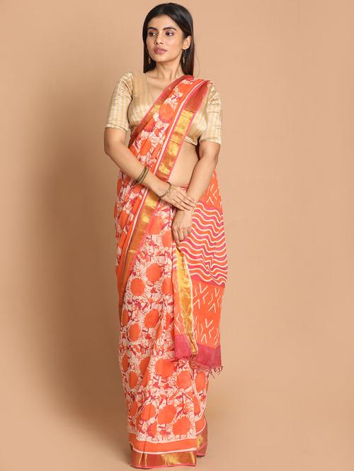 orange cotton handloom saree with blouse - 21272230 - Very Small Image - 1