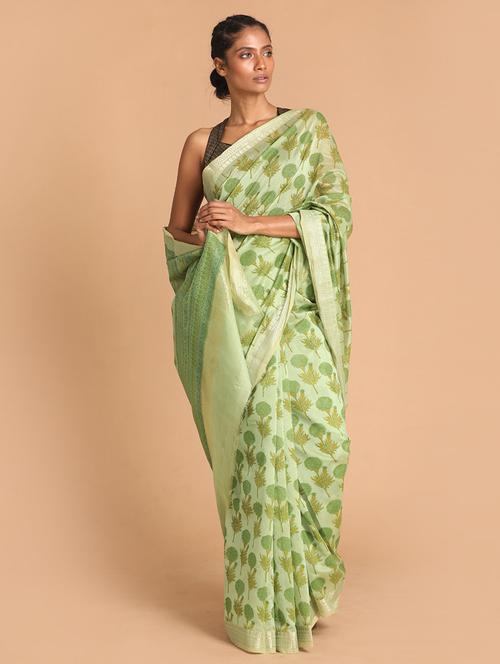 green cotton blend chanderi saree with blouse - 21272434 - Very Small Image - 1