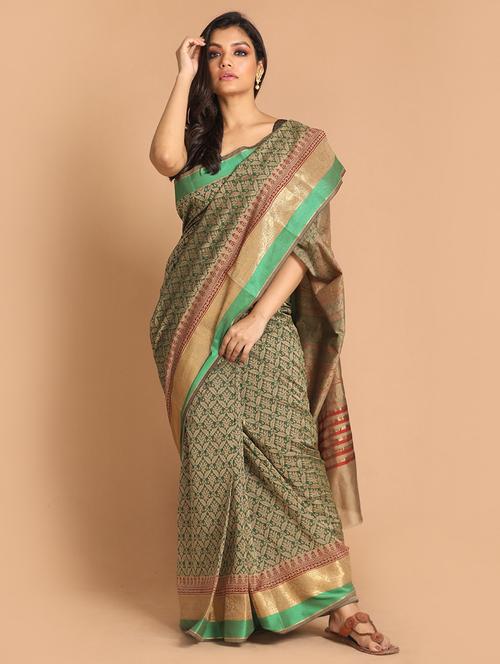 green cotton blend gadwal saree with blouse - 21272485 - Very Small Image - 1