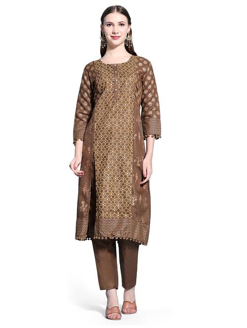 women brown round neck kurta pant set - 21277522 - Very Small Image - 1
