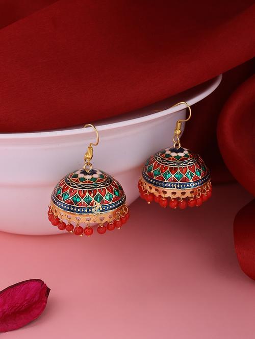 red brass jhumka earrings - 21279365 - Very Small Image - 1