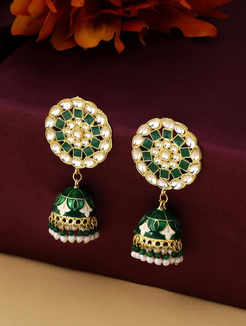 green brass jhumka earrings - 21279387 - Very Small Image - 1