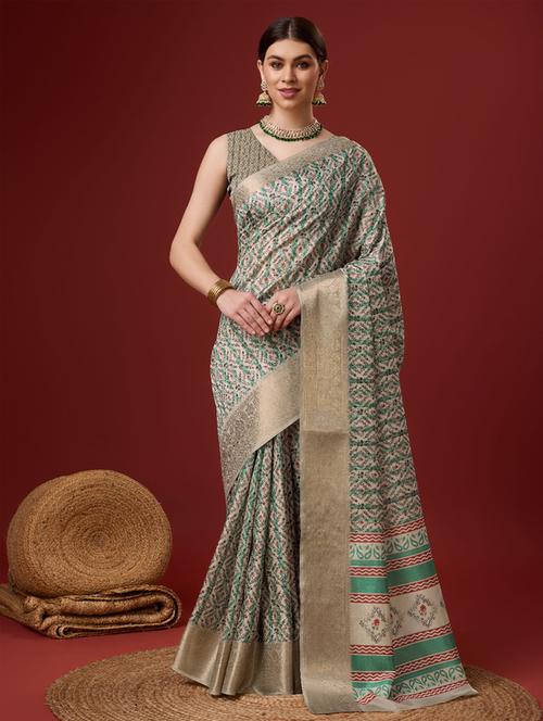 women printed zari bordered saree with blouse - 21279977 - Very Small Image - 1