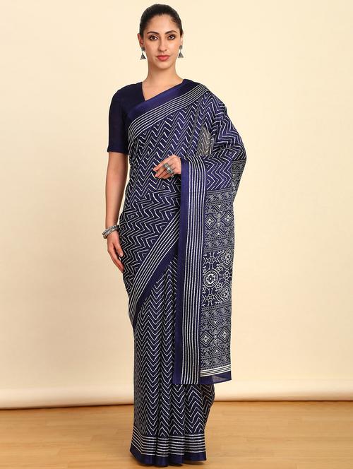 indigo chevron printed saree with blouse - 21280360 - Very Small Image - 1