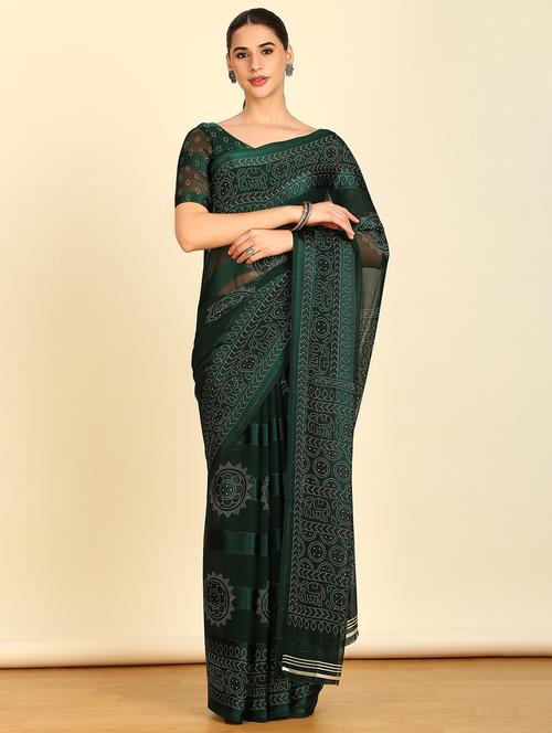 women green printed saree with blouse - 21280367 - Very Small Image - 1