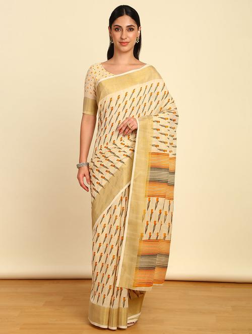 cream linen printed saree with blouse - 21280399 - Very Small Image - 1