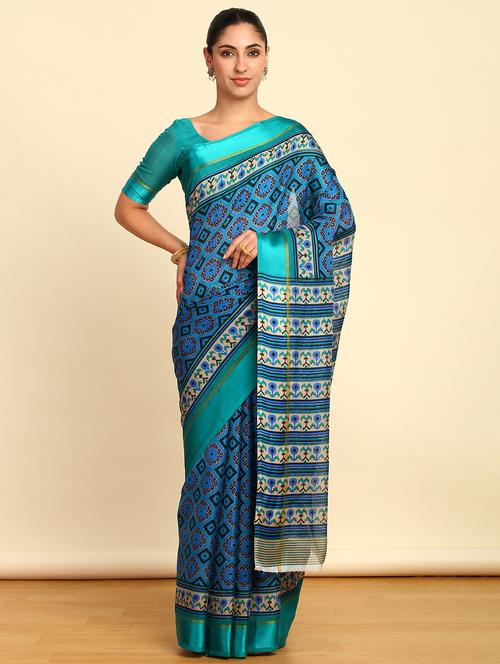 turquoise cotton printed saree - 21280454 - Very Small Image - 1
