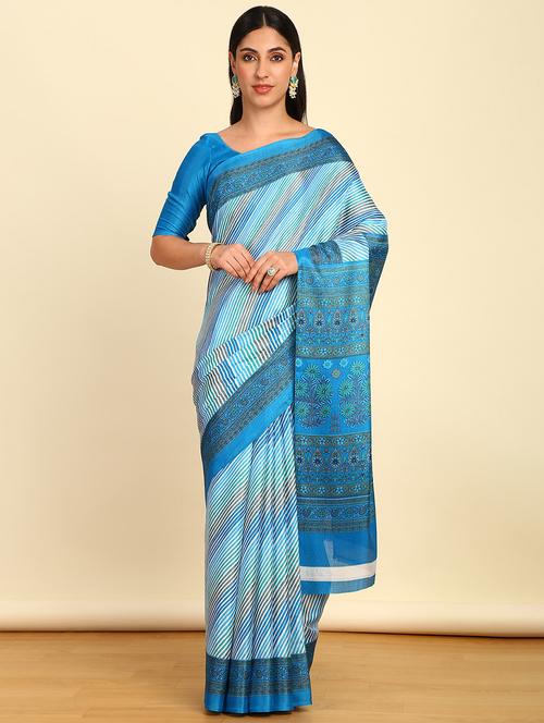 turquoise synthetic printed saree - 21280481 - Very Small Image - 1