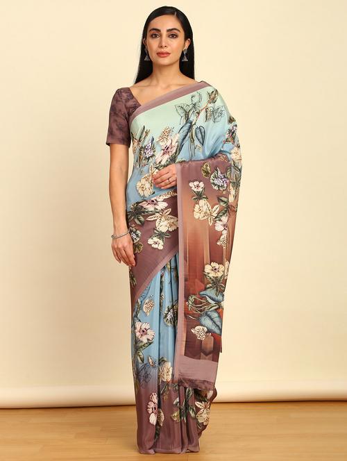 light blue crepe printed saree with blouse - 21280528 - Very Small Image - 1