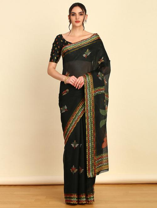 black printed saree with blouse - 21280565 - Very Small Image - 1