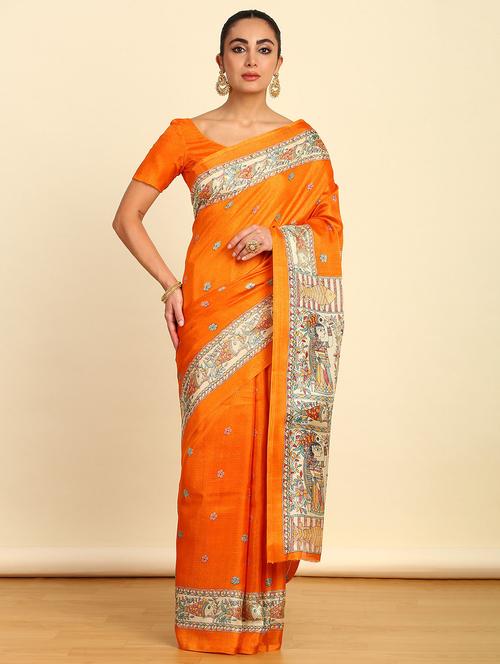 orange synthetic printed saree - 21280655 - Very Small Image - 1