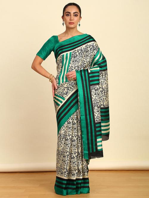 teal synthetic printed saree with blouse - 21280670 - Very Small Image - 1