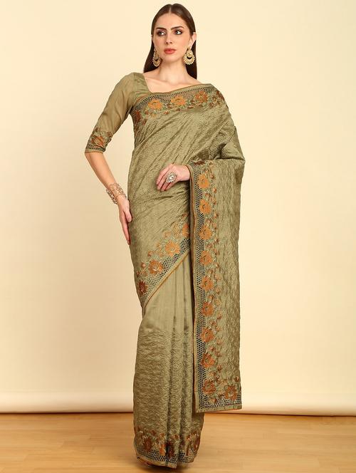 women olive embroidered saree - 21280685 - Very Small Image - 1