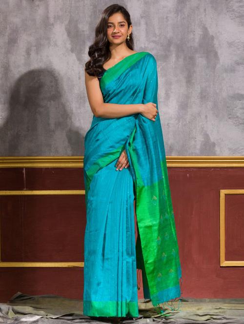turquoise handloom saree with blouse - 21283377 - Very Small Image - 1