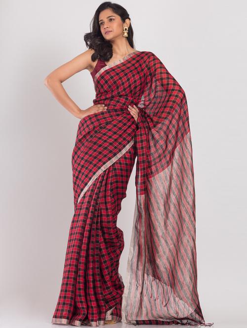 red cotton handloom saree - 21283421 - Very Small Image - 1