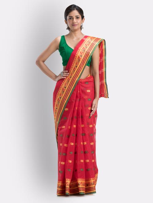 red cotton handloom saree - 21283452 - Very Small Image - 1