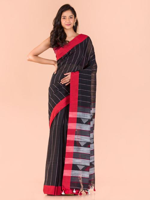 black cotton handloom saree with blouse - 21283500 - Very Small Image - 1