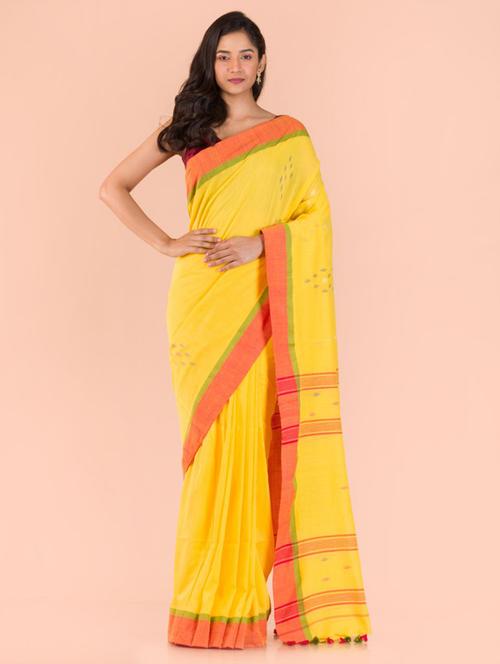 yellow cotton handloom saree with blouse - 21283522 - Very Small Image - 1