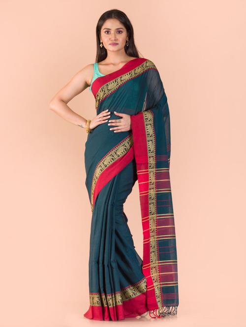 teal handloom saree with blouse - 21283530 - Very Small Image - 1