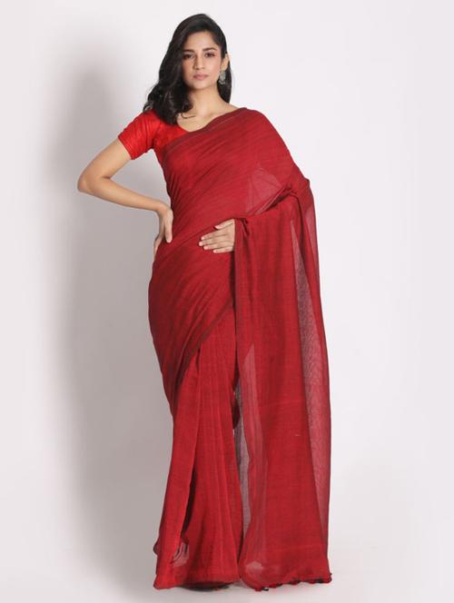 red cotton handloom saree with blouse - 21283663 - Very Small Image - 1