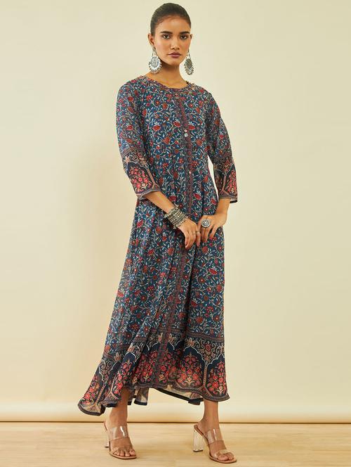 women blue round neck flared dress with long shrug - 21288202 - Very Small Image - 1