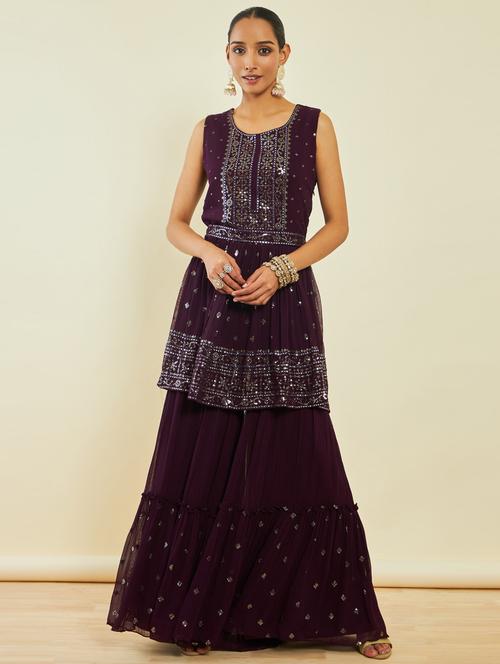 women maroon kurta sharara set with dupatta - 21288290 - Very Small Image - 1