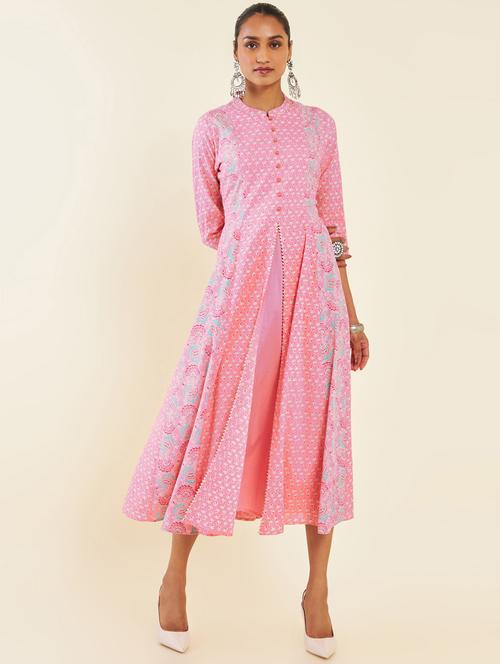women pink mandarin neck flared dress - 21288315 - Very Small Image - 1