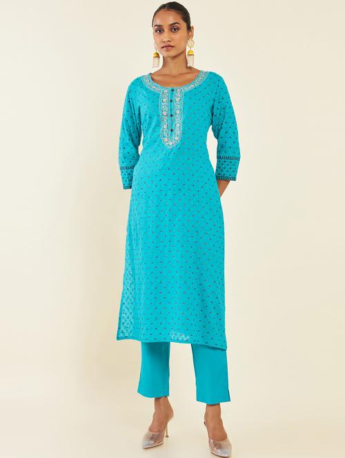 women turquoise kurta churidaar set with dupatta - 21288343 - Very Small Image - 1