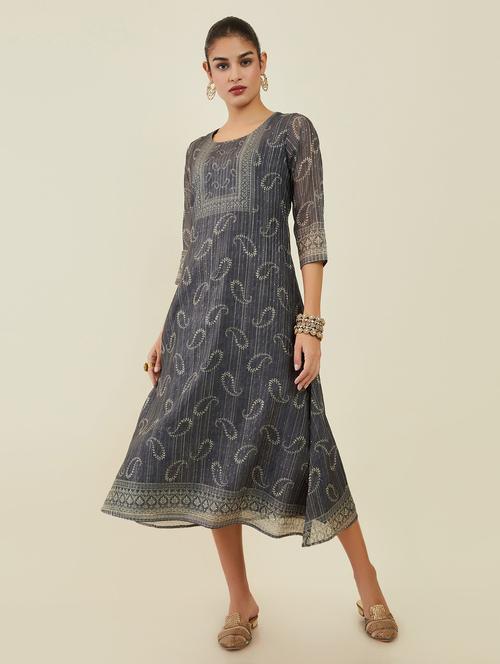 women grey round neck a-line dress - 21288352 - Very Small Image - 1