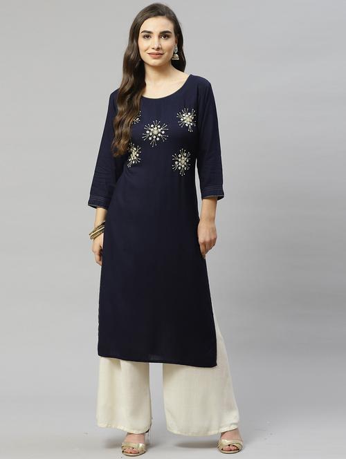women navy blue viscose straight kurta - 21288738 - Very Small Image - 1