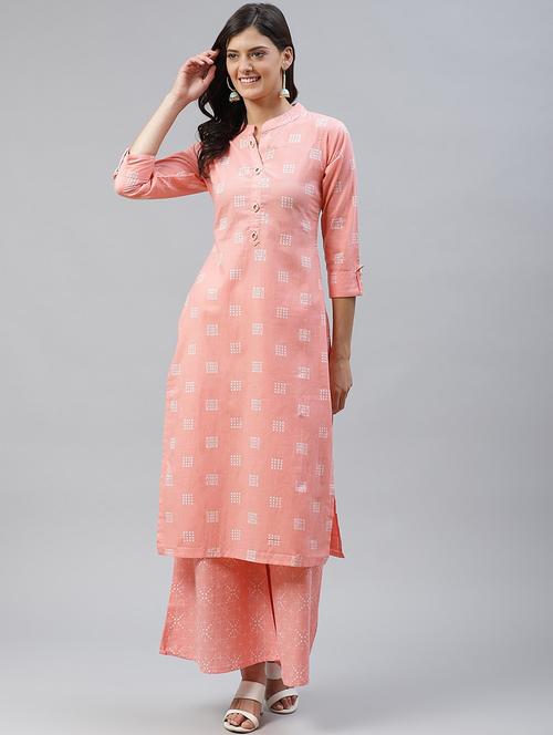 women peach printed kurta palazzo set - 21288910 - Very Small Image - 1