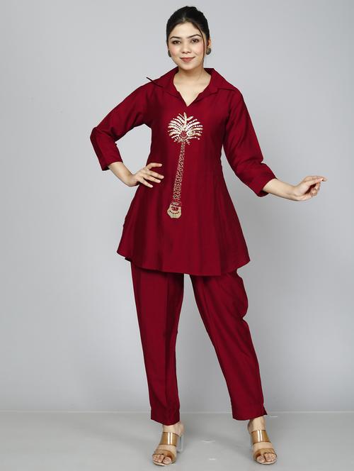 women maroon shirt collar kurta pant set - 21289014 - Very Small Image - 1