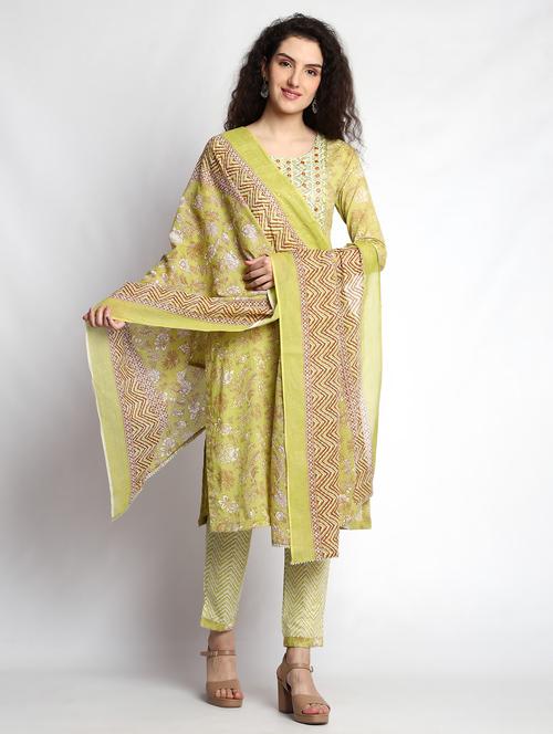 women lime round neck kurta pant set with dupatta - 21289087 - Very Small Image - 1