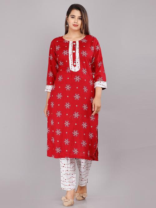 women red round neck kurta palazzo set - 21289256 - Very Small Image - 1