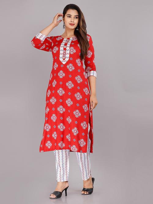 red viscose kurta pant set - 21289259 - Very Small Image - 1