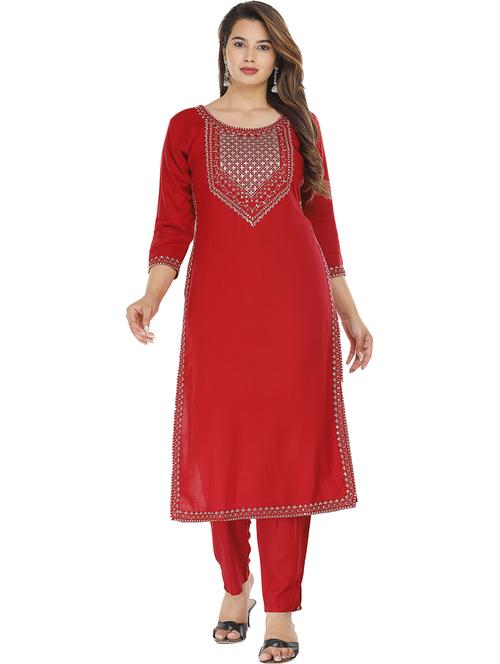 red viscose kurta pant set - 21289288 - Very Small Image - 1