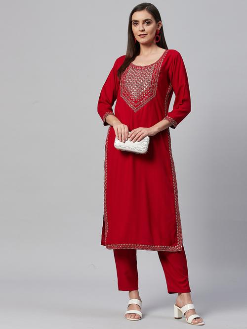 red viscose kurta pant set - 21289292 - Very Small Image - 1