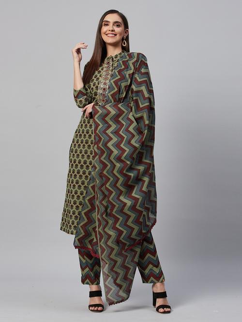olive kurta pant set with dupatta - 21289319 - Very Small Image - 1