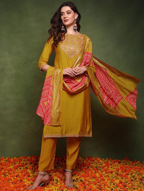 mustard self design suit set - 21290644 - Very Small Image - 1