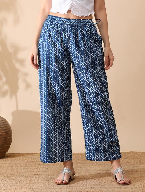 globus women blue all over printed straight palazzo with side tassel drawstring - 21290654 - Very Small Image - 1