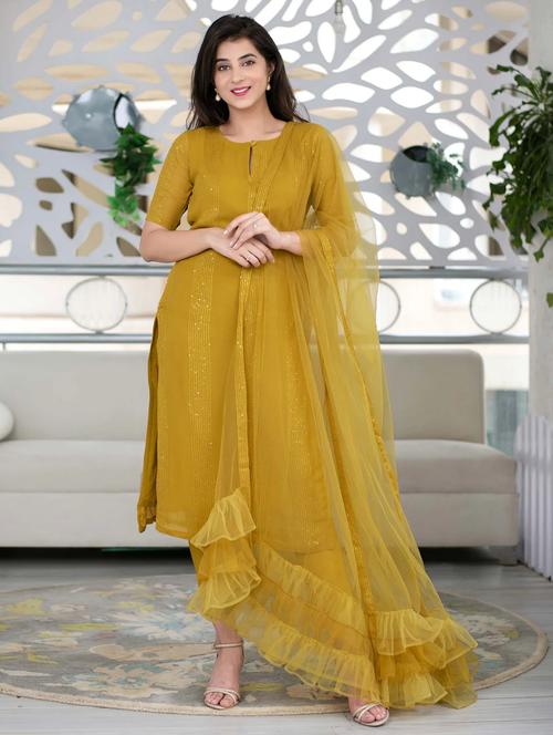 mustard self design suit set - 21291023 - Very Small Image - 1