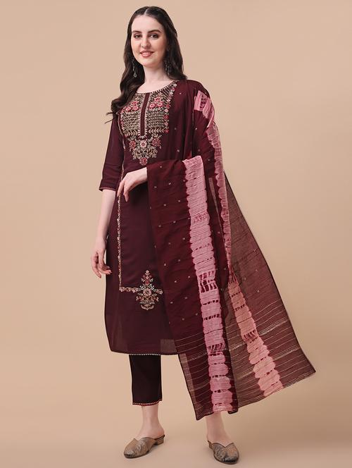 maroon self design kurta & dupatta set - 21296013 - Very Small Image - 1