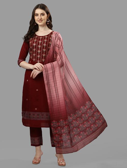 maroon self design kurta & dupatta set - 21296015 - Very Small Image - 1