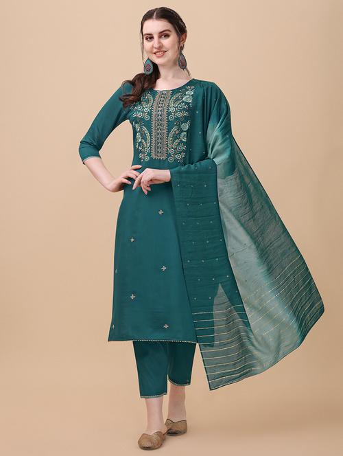 teal green self design kurta & dupatta set - 21296018 - Very Small Image - 1