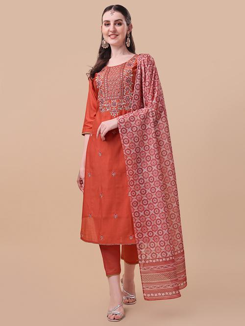 rust self design kurta & dupatta set - 21296030 - Very Small Image - 1