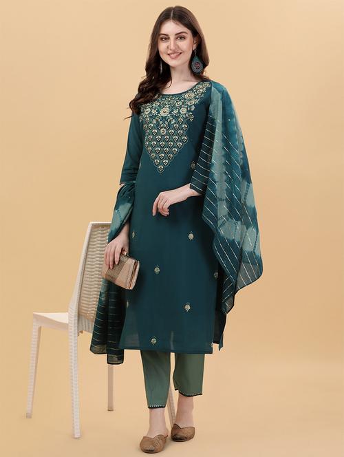 teal green self design kurta & dupatta set - 21296032 - Very Small Image - 1