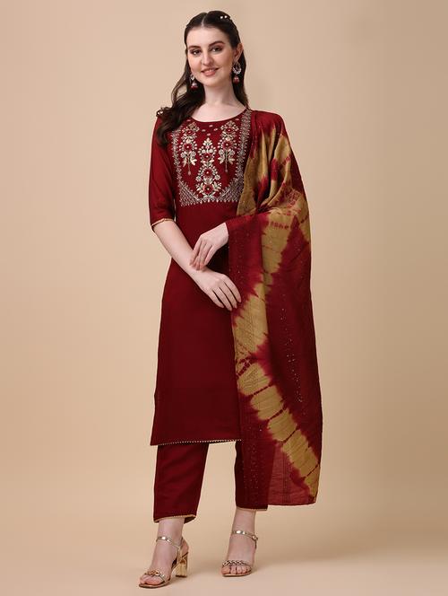maroon self design kurta & dupatta set - 21296048 - Very Small Image - 1
