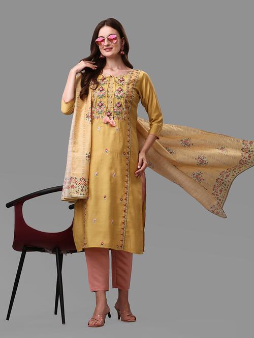 yellow self design kurta & dupatta set - 21296072 - Very Small Image - 1