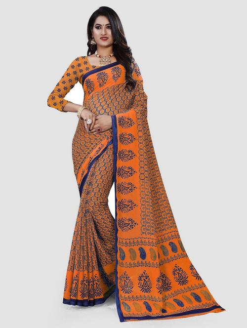 orange cotton blend printed saree with blouse - 21297973 - Very Small Image - 1