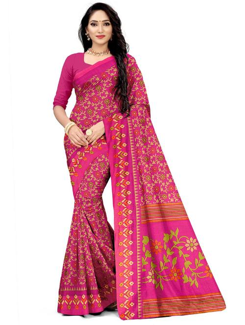 pink cotton blend printed saree with blouse - 21298001 - Very Small Image - 1